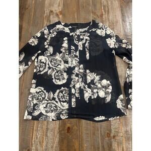 Ann Taylor Sheer Floral Blouse Womens Size Medium Business Casual Work Wear Navy